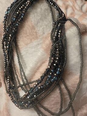 Multi-Strand Glass Bead Necklace in Blue and Metallic